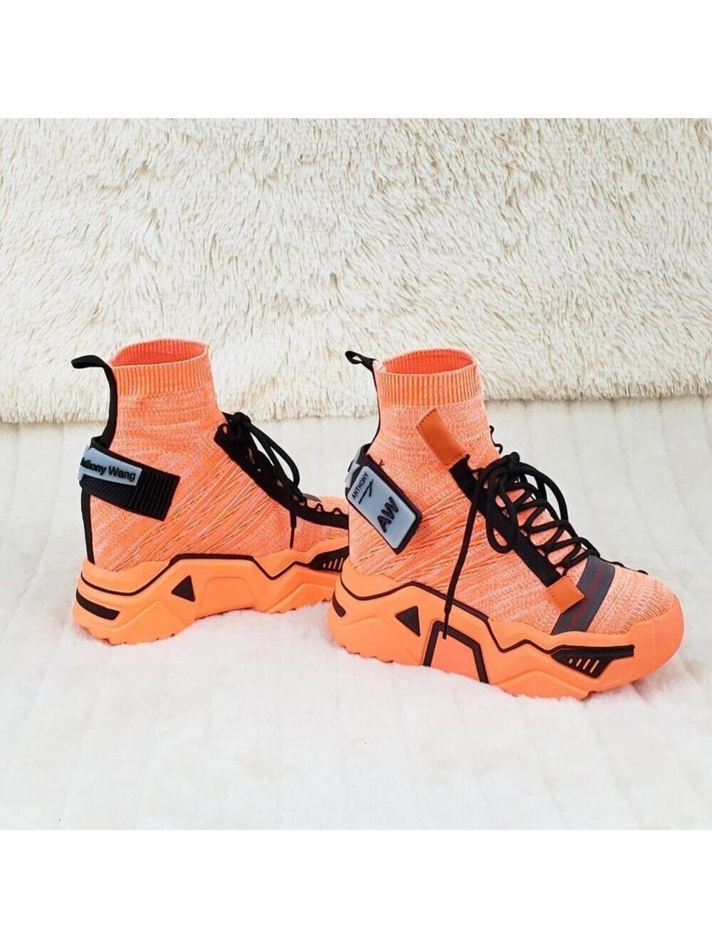 Wang Damson Pull On Platform Hidden Wedge Sock Sneakers Orange ๐ NIB - Picture 7 of 13